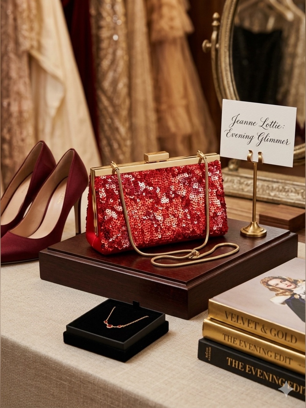 Authentic Jeanne Lottie Red Sequin Evening Clutch - Satin Back - GUC
AS IS